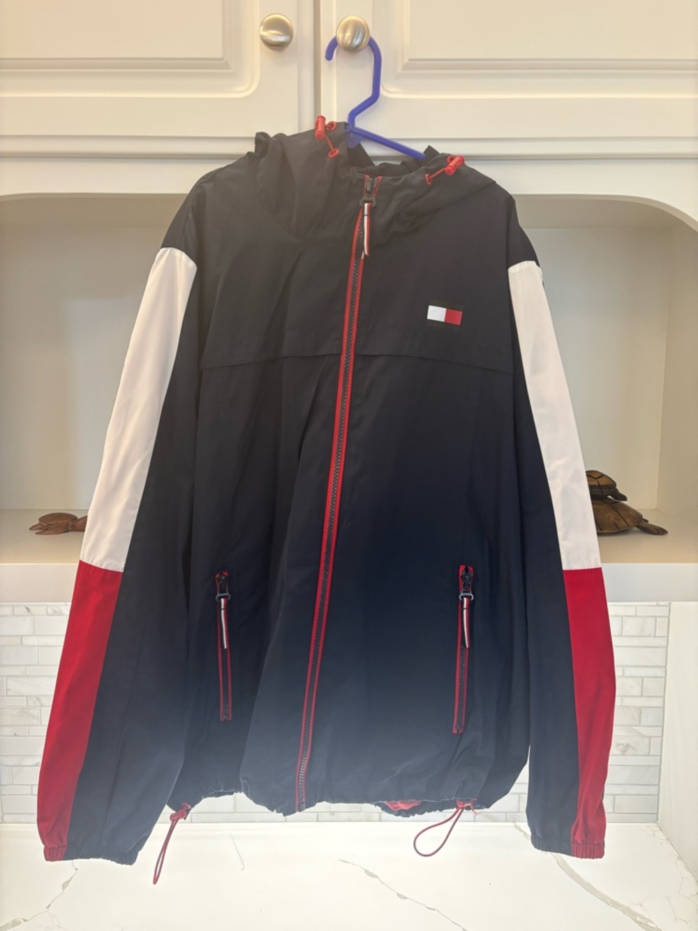 Tommy Hilfiger Navy, Red & White Colorblock Hooded Windbreaker Jacket  Uni-Sex